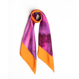 Silk scarf showcasing an Orange Bird of Paradise with a Pink and Purple print, displayed as a cutout to highlight its intricate design.