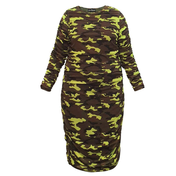 Boudicca Neon Lime Camouflage Ruched Midi Dress Inclusive Plus Size up to UK 26 / US 22