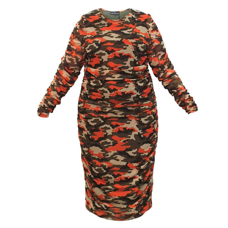 Boudicca Orange Camouflage Ruched Midi Dress -Inclusive Plus Size up to UK 20 / US 16