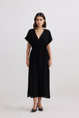 Oversized Gathered V-neck Maxi Dress in Black