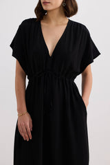 Oversized Gathered V-neck Maxi Dress in Black