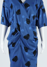 Womens Wrap Dress Blue Spotted Short Sleeve Midi L
