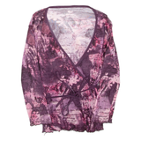 Sheer Womens Wrap Blouse Purple V-Neck Long Sleeve Crazy Pattern S