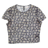 H&M DIVIDED Mesh Sheer Womens Printed Top Blue Floral M