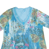 Mesh Womens Printed Top Blue V-Neck L