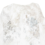 Butterfly Design Sheer Womens Printed Blouse Cream Long Sleeve Silk L
