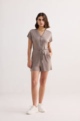 V-neck Drawstring Knit Romper in Earth Grey