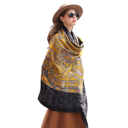 Anyyou 100% Merino Wool Black-Yellow Silk Satin Large Winter Scarf Pashmina Shawl Bandana Perfect For Women Ladies Fashion Style