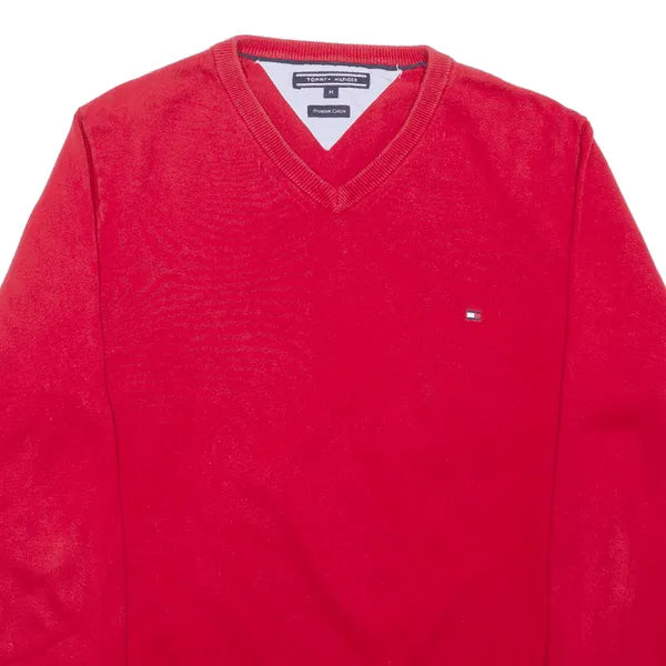 TOMMY HILFIGER Jumper Red Tight Knit V-Neck Mens M