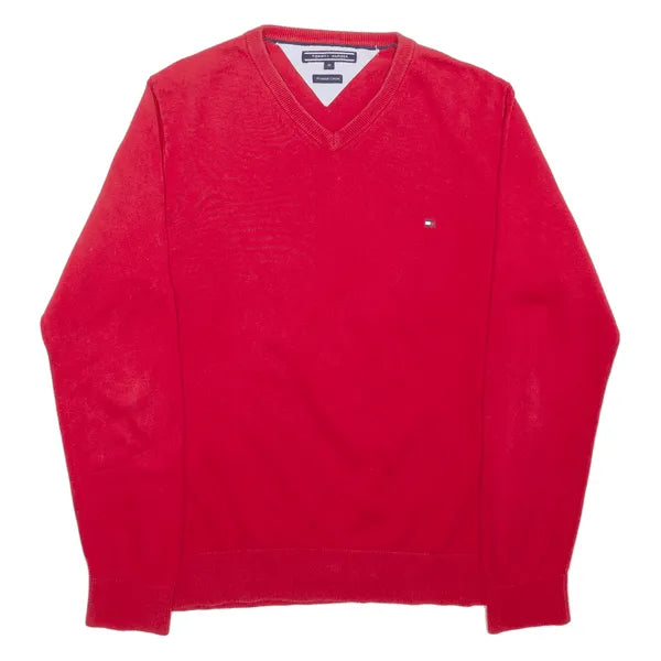 TOMMY HILFIGER Jumper Red Tight Knit V-Neck Mens M