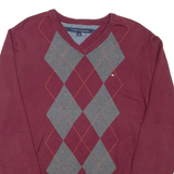 TOMMY HILFIGER Mens Patterned Jumper Maroon Argyle V-Neck Tight Knit L
