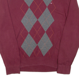 TOMMY HILFIGER Mens Patterned Jumper Maroon Argyle V-Neck Tight Knit L