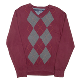 TOMMY HILFIGER Mens Patterned Jumper Maroon Argyle V-Neck Tight Knit L
