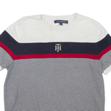 TOMMY HILFIGER Womens Patterned Jumper Blue Striped Tight Knit Short Sleeve L