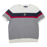 TOMMY HILFIGER Womens Patterned Jumper Blue Striped Tight Knit Short Sleeve L