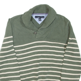 TOMMY HILFIGER Mens Patterned Jumper Green Striped Button Neck Tight Knit L