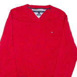TOMMY HILFIGER Mens Jumper Red V-Neck Tight Knit L