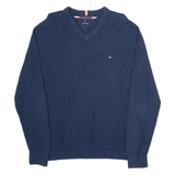 TOMMY HILFIGER Mens Jumper Blue V-Neck Tight Knit L