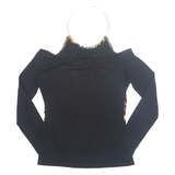 Womens Halter Neck Top Black Long Sleeve Crazy Pattern S