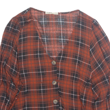 PULL&BEAR Womens Printed Top Red V-Neck Long Sleeve Check S