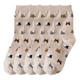 Anyfootwear 5 Pairs Size 5-9 Thick Warm Cotton Cartoon Cat Ankle Socks for Women Ladies Girls Casual Christmas Gift Beige