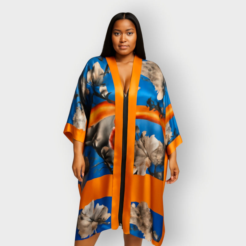 Bird of Paradise White Blue Cherry Blossom Floral Silk Kimono on white background.