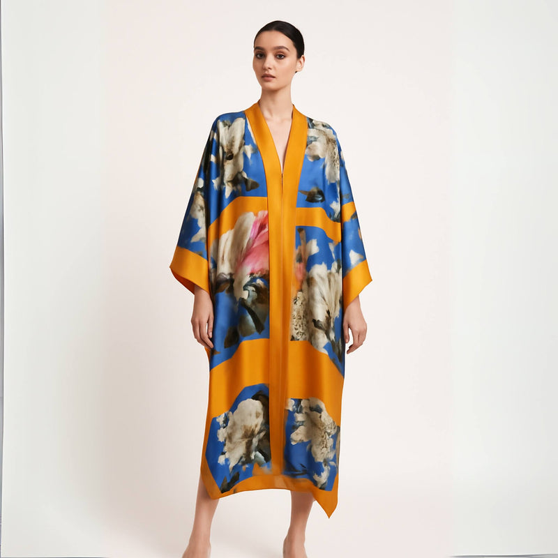 Bird of Paradise White Blue Cherry Blossom Floral Silk Kimono on white background.