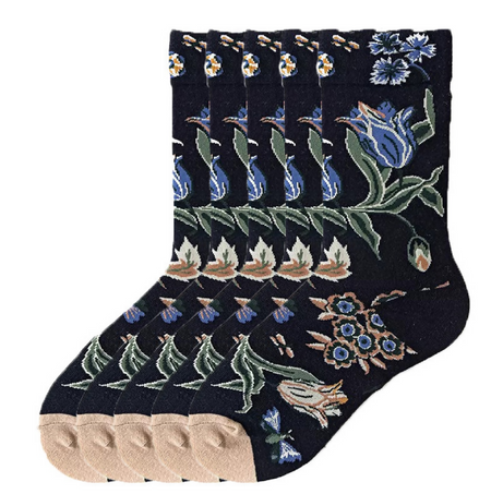 Anyfootwear 5 Pairs Size 5-9 Unisex Long Socks Cartoon Blue Flower Nature Print Design Warm Winter Socks Comfortable Casual Foot Accessories