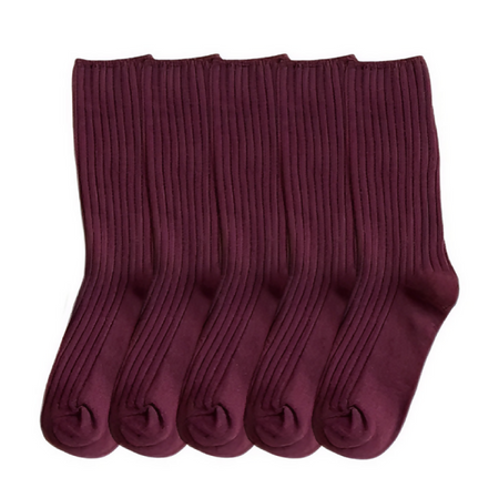 Anyfootwear 5 Pairs One Size 36-43 Purple Retro Long Knitted Socks Cotton Autumn Winter Solid Color Women Student Girls