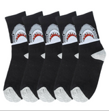 Anyfootwear 5 Pairs Unisex Shark Print Sports Socks Size 4-9 Black Long Cotton Knitted Breathable Hip-Hop Skateboard Casual Fashion Socks