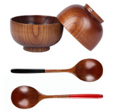 Anygleam Brown 4pcs Wooden Bowl Spoon Set Kitchen Tableware