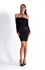 Lustrous Silky Shiny Sheer Off-shoulder Halter Dress