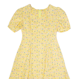 Womens A-Line Dress Yellow 90s Floral Short Sleeve Midi M