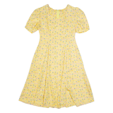 Womens A-Line Dress Yellow 90s Floral Short Sleeve Midi M
