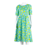 Womens A-Line Dress Blue 90s Spotted Short Sleeve Midi M