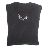 FIORELLA RUBINO Rhinestone Womens Printed Blouse Black Sleeveless Viscose L