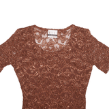 MICHI Y2K Shimmer Mesh Top Brown Crew Neck Short Sleeve Womens M