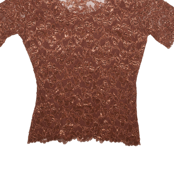 MICHI Y2K Shimmer Mesh Top Brown Crew Neck Short Sleeve Womens M