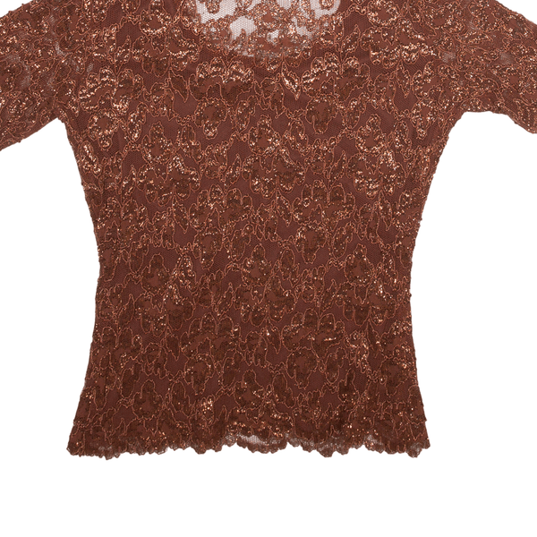 MICHI Y2K Shimmer Mesh Top Brown Crew Neck Short Sleeve Womens M