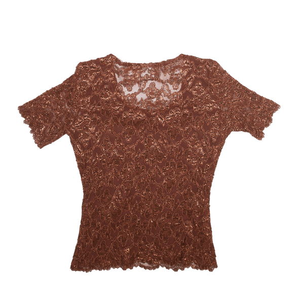 MICHI Y2K Shimmer Mesh Top Brown Crew Neck Short Sleeve Womens M