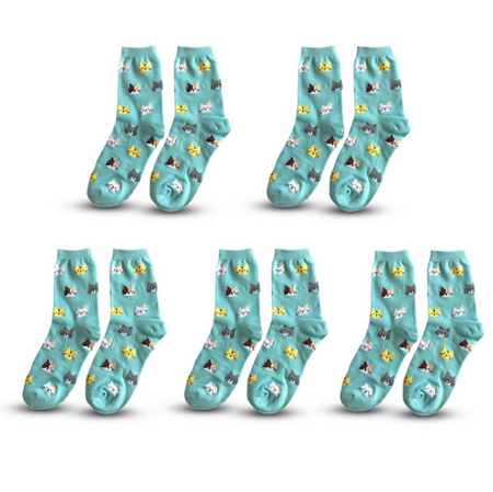 Anyfootwear 5 Pairs Sky Blue Cat Cotton Long Socks Size 5-9 High Quality Fashion Casual Office Sports Business Skateboard Knitted Crew Socks for Women