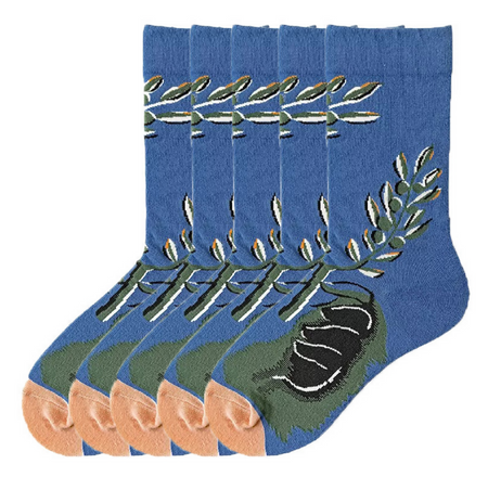 Anyfootwear 5 Pairs Size 5-9 Unisex Long Socks Cartoon Nature Leaf Print Design Warm Winter Socks Comfortable Casual Foot Accessories