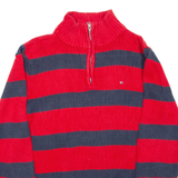 TOMMY HILFIGER Mens Patterned Jumper Red Striped 1/4 Zip Tight Knit S