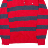 TOMMY HILFIGER Mens Patterned Jumper Red Striped 1/4 Zip Tight Knit S