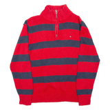 TOMMY HILFIGER Mens Patterned Jumper Red Striped 1/4 Zip Tight Knit S