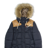 SCHOTT Womens Puffer Coat Blue Hooded Colourblock S