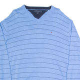 TOMMY HILFIGER Mens Patterned Jumper Blue Striped V-Neck Tight Knit XL