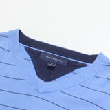 TOMMY HILFIGER Mens Patterned Jumper Blue Striped V-Neck Tight Knit XL