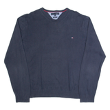 TOMMY HILFIGER Mens Jumper Blue V-Neck Tight Knit L