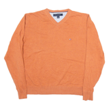 TOMMY HILFIGER Mens Jumper Orange V-Neck Tight Knit M